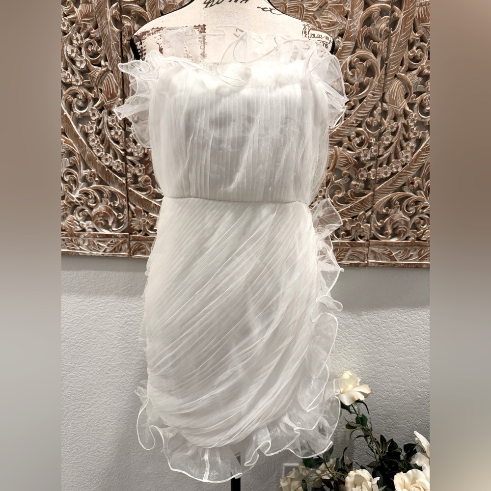 Lulus White Mini Bridal Chiffon Ruching w/ Ruffles Dress- size XL